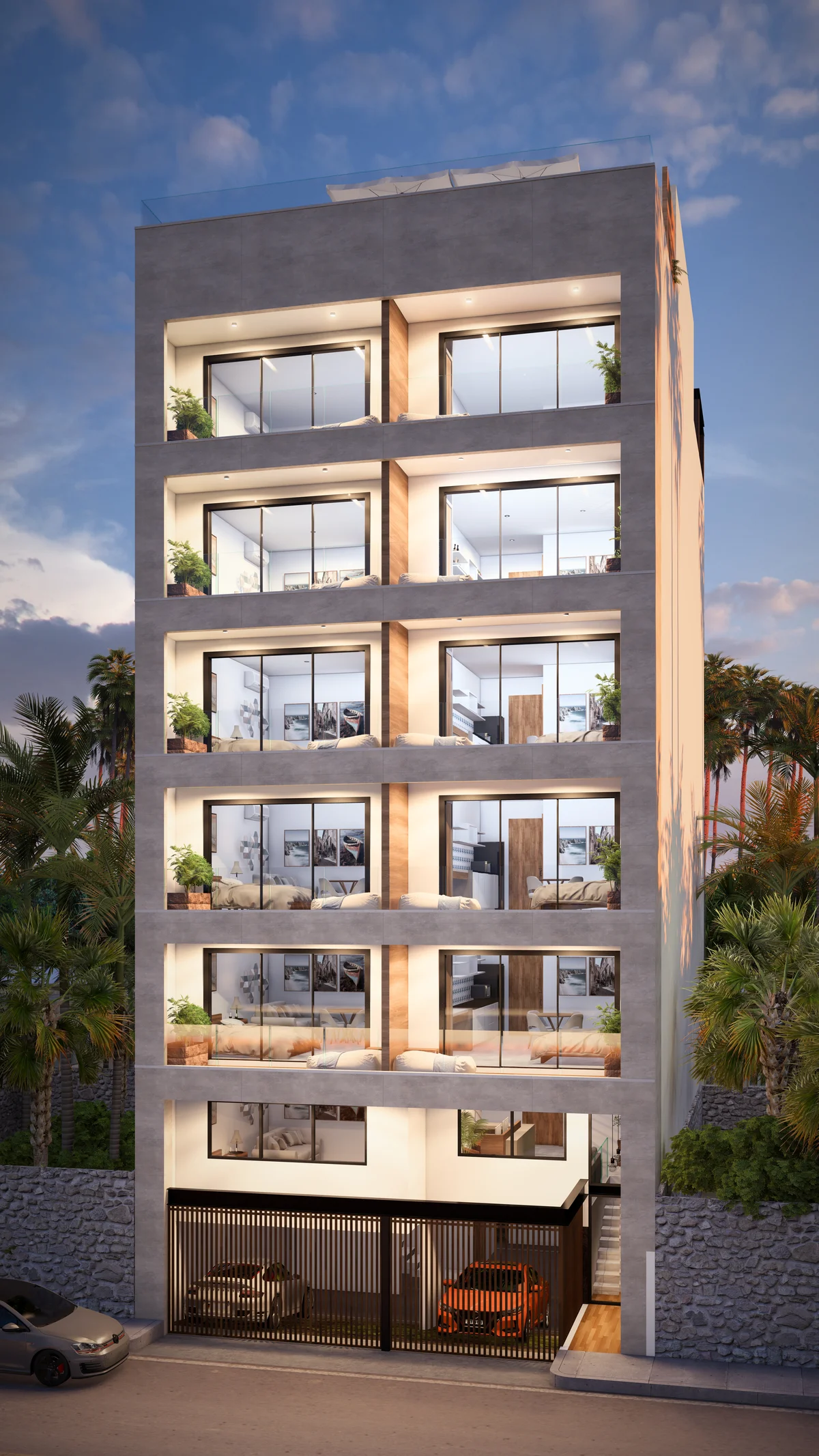 Image of a Modern Apartment Building, featuring Private Balconies and Concrete Facade.