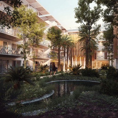 Image of a Lush Garden Courtyard, featuring Private Balconies and Water Feature.