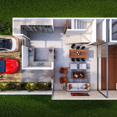 Image of a Open-Concept Floor Plan, featuring Private Pool and Landscaped Garden.
