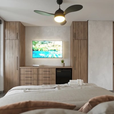 Image of a Modern Bedroom, featuring Private Plunge Pool and Built-in Wood Cabinetry.