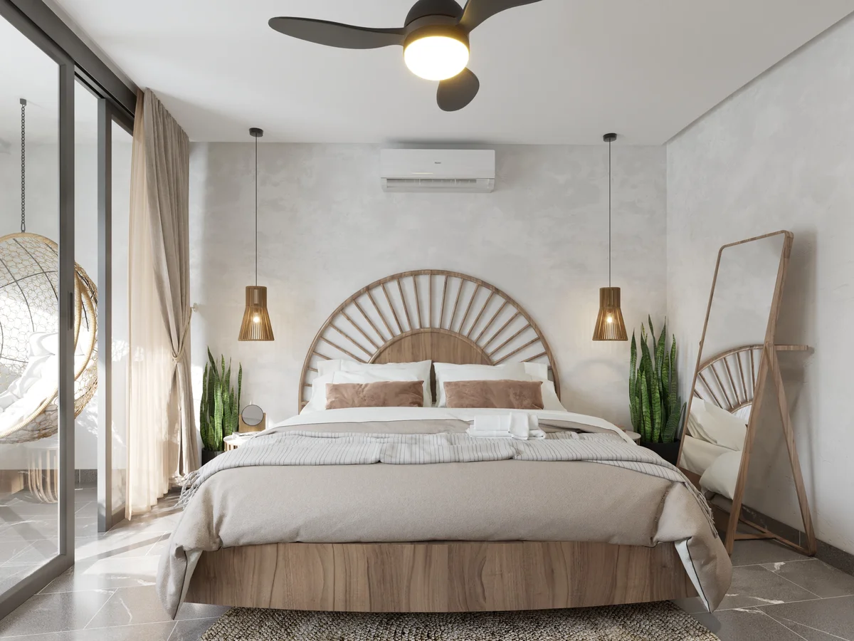 Image of a Primary Bedroom, featuring Private Balcony and Bohemian Style Decor.