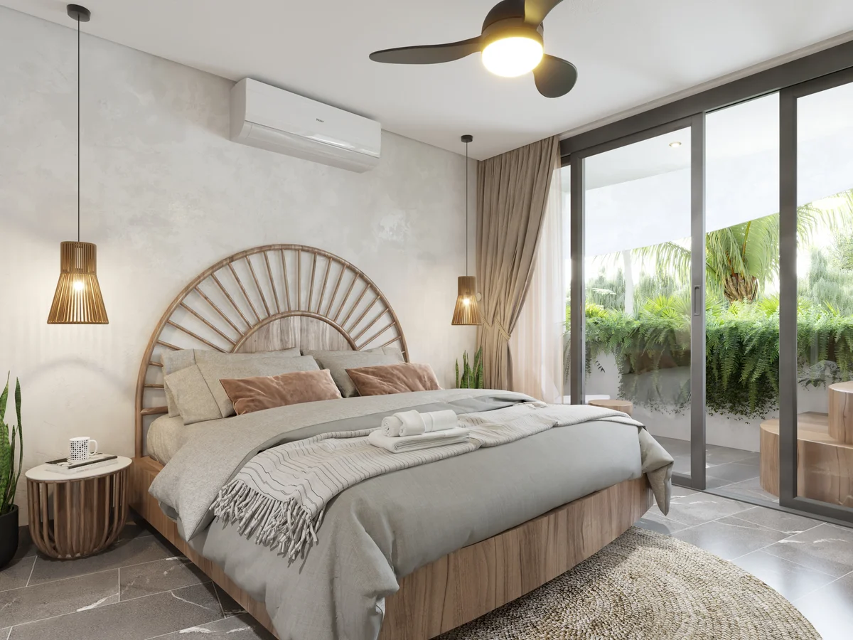 Image of a Modern Bedroom, featuring Bohemian Style and Stone Tile Flooring.