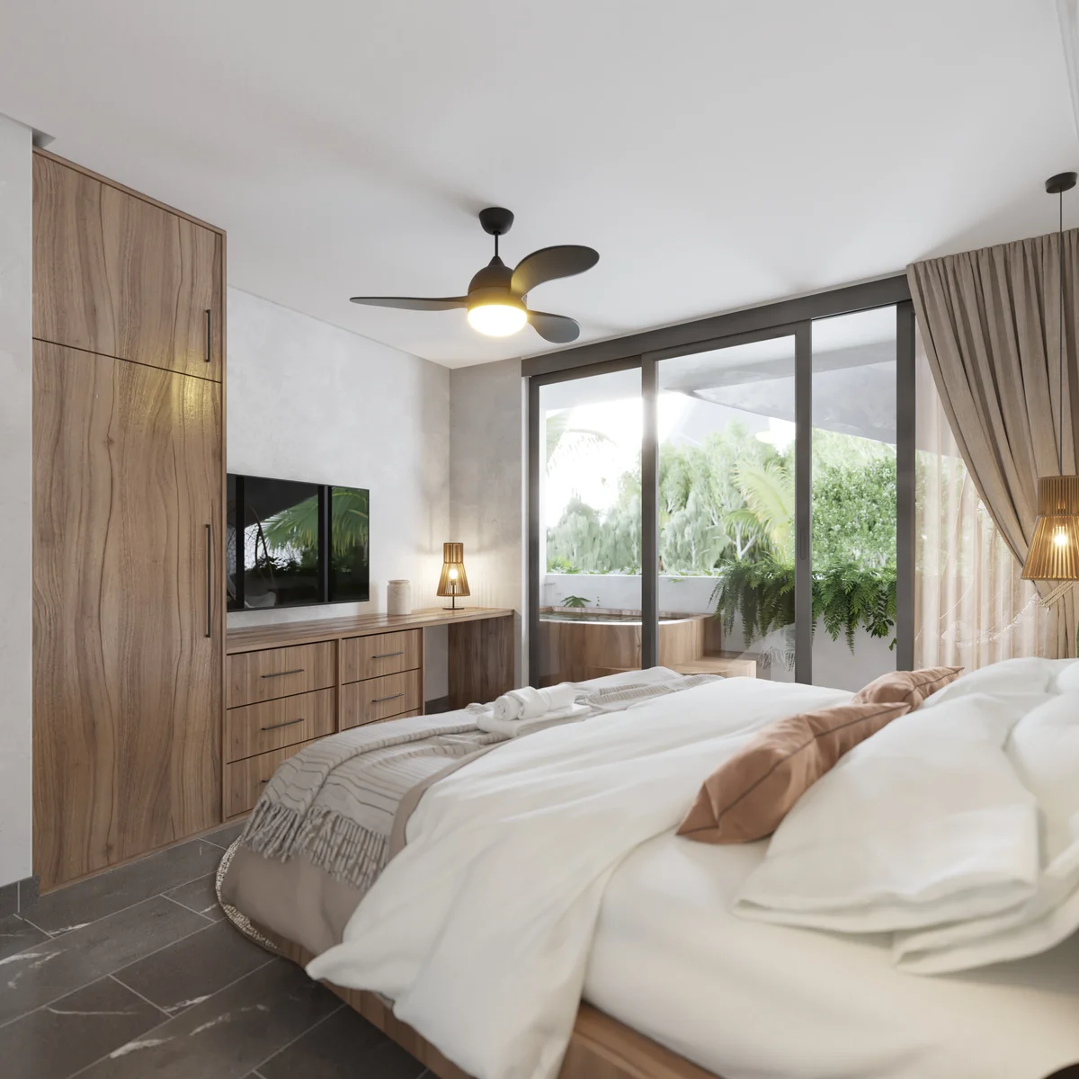 Image of a Master Bedroom, featuring Private Balcony and Hot Tub Balcony.