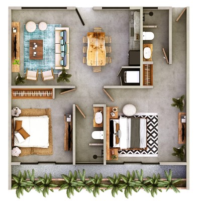 Image of a Two-Bedroom Floor Plan, featuring Open-Concept Layout and Polished Concrete Floors.