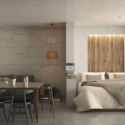 Image of a Studio Apartment, featuring Private Balcony and Stone Accent Wall.