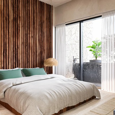 Image of a Master Bedroom, featuring Wood Accent Wall and Private Balcony.