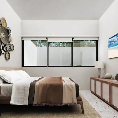 Image of a Modern Bedroom, featuring Terrazzo Flooring and Boho-Chic Decor.