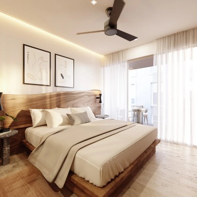 Image of a Modern Bedroom, featuring Private Balcony and Live-Edge Wood Headboard.