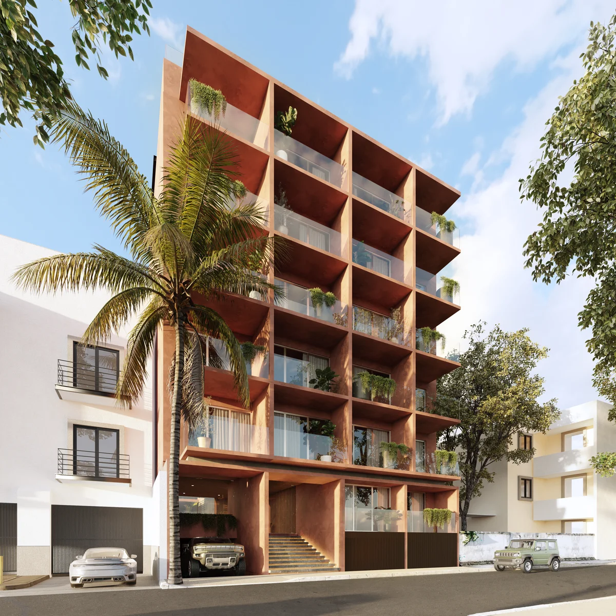 Image of Parking at Ikuku, featuring Modern Architecture, Apartment Building Exterior.