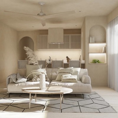 Image of a Open-Concept Living, featuring Textured Plaster Walls and Bohemian-Inspired Decor.