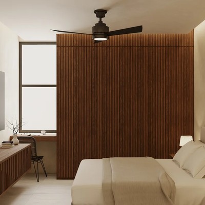 Image of a Modern Bedroom, featuring Fluted Wood Wall and Built-in Workspace.