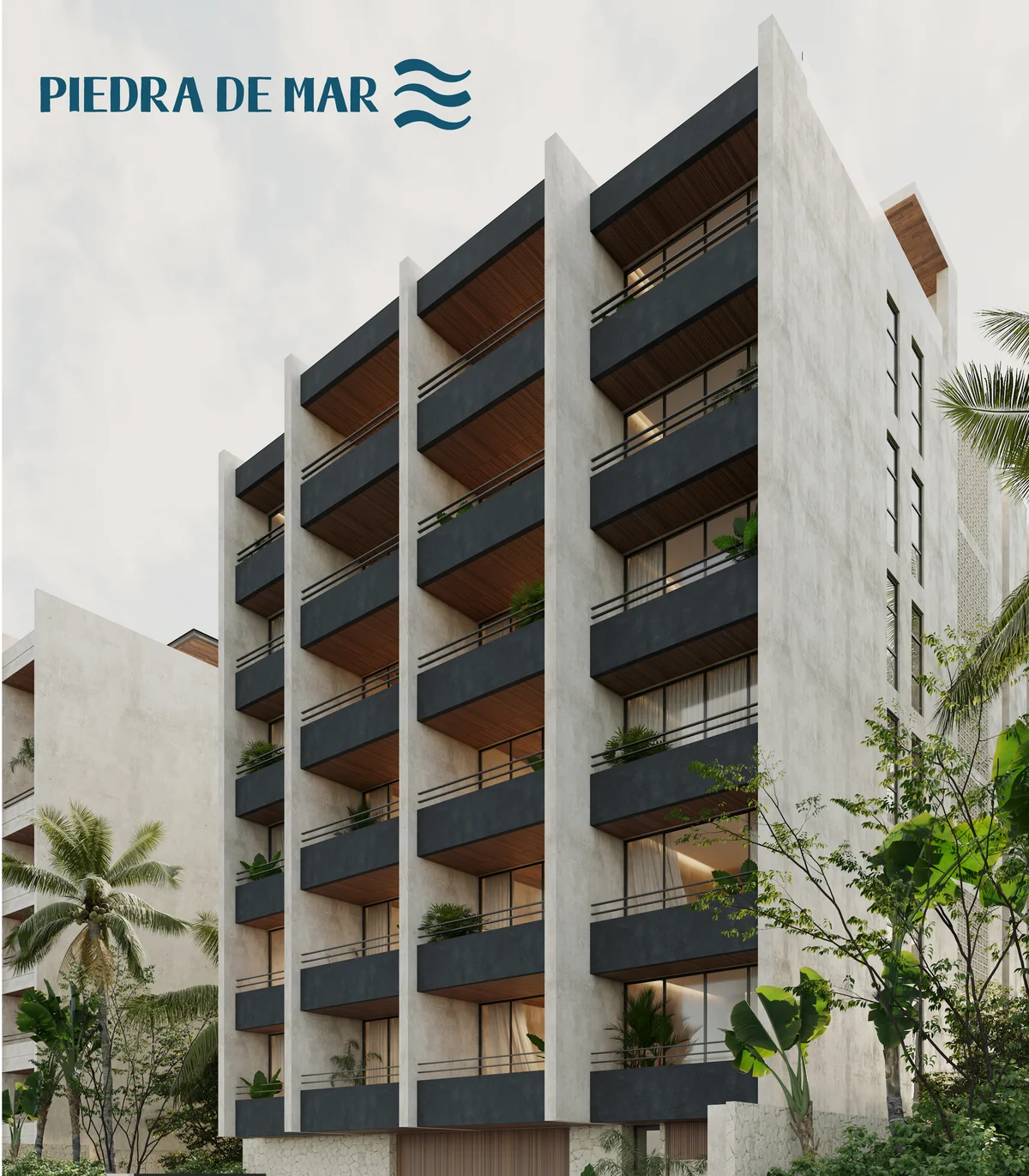View of Modern Architecture at Piedra de Mar, showcasing Apartment Building Exterior, Luxury Condos.
