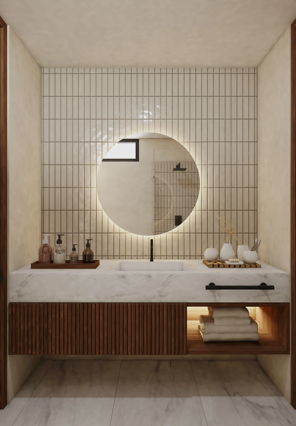 View of Modern Bathroom at Piedra de Mar, showcasing Marble Countertop, Wood Vanity.