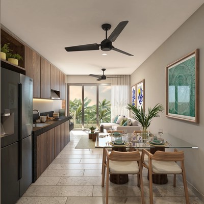 Image of a Open-Concept Living, featuring Modern Kitchen and Wood Grain Cabinetry.