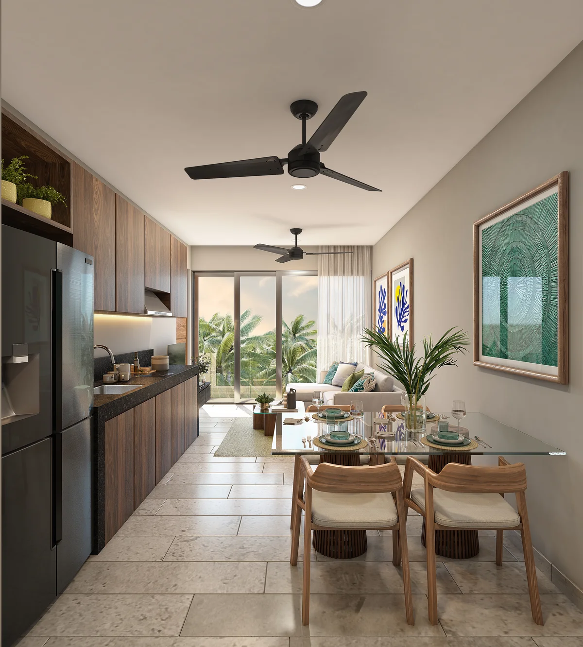Image of a Open-Concept Living, featuring Modern Kitchen and Wood Grain Cabinetry.