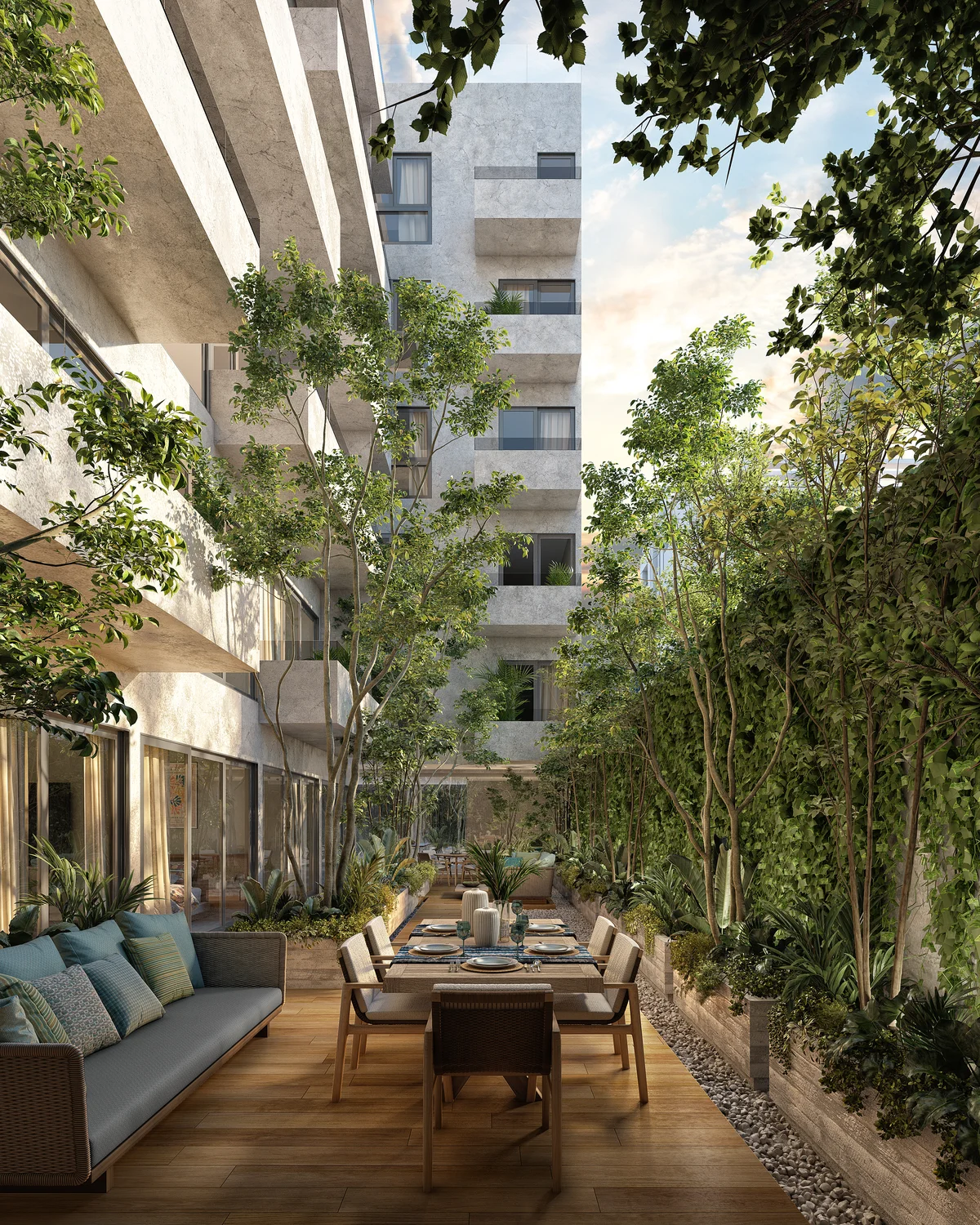 Image of a Landscaped Courtyard, featuring Outdoor Dining Area and Wood Decking.