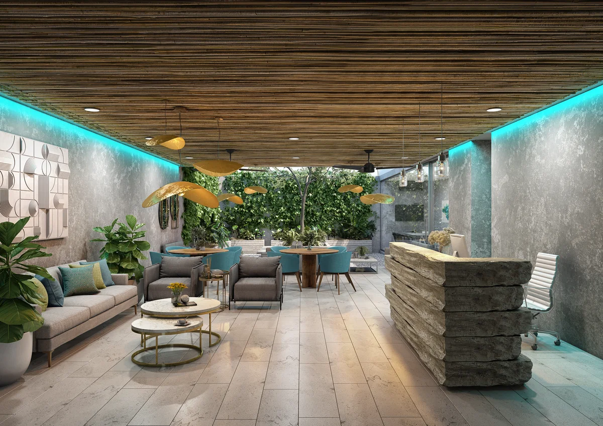 Image of a Lobby Lounge, featuring Biophilic Design and Bamboo Ceiling.
