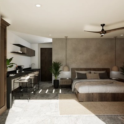 Image of a Studio Apartment, featuring Kitchenette and Stone Tile Flooring.