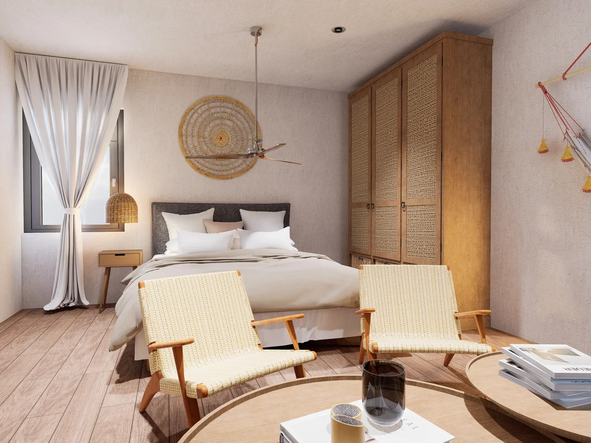View of Bedroom Interior at Condos 89, showcasing Bohemian Decor, Rattan Furniture.