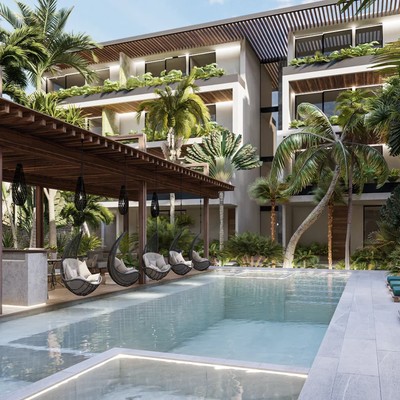 Image of a Resort-Style Pool, featuring Poolside Lounge and Lush Tropical Landscaping.