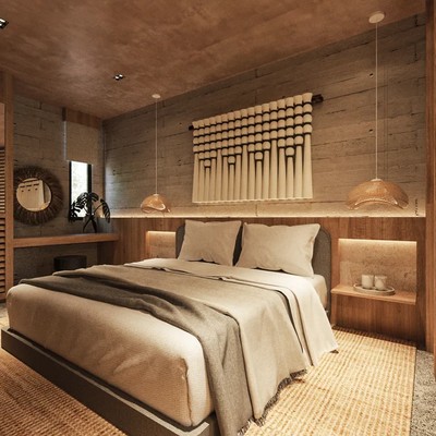 Image of a Rustic Modern Bedroom, featuring Natural Materials and Wood Accents.