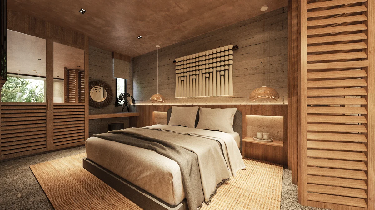View of Modern Bedroom at Maha Art, showcasing Rustic Design, Wood Accents.