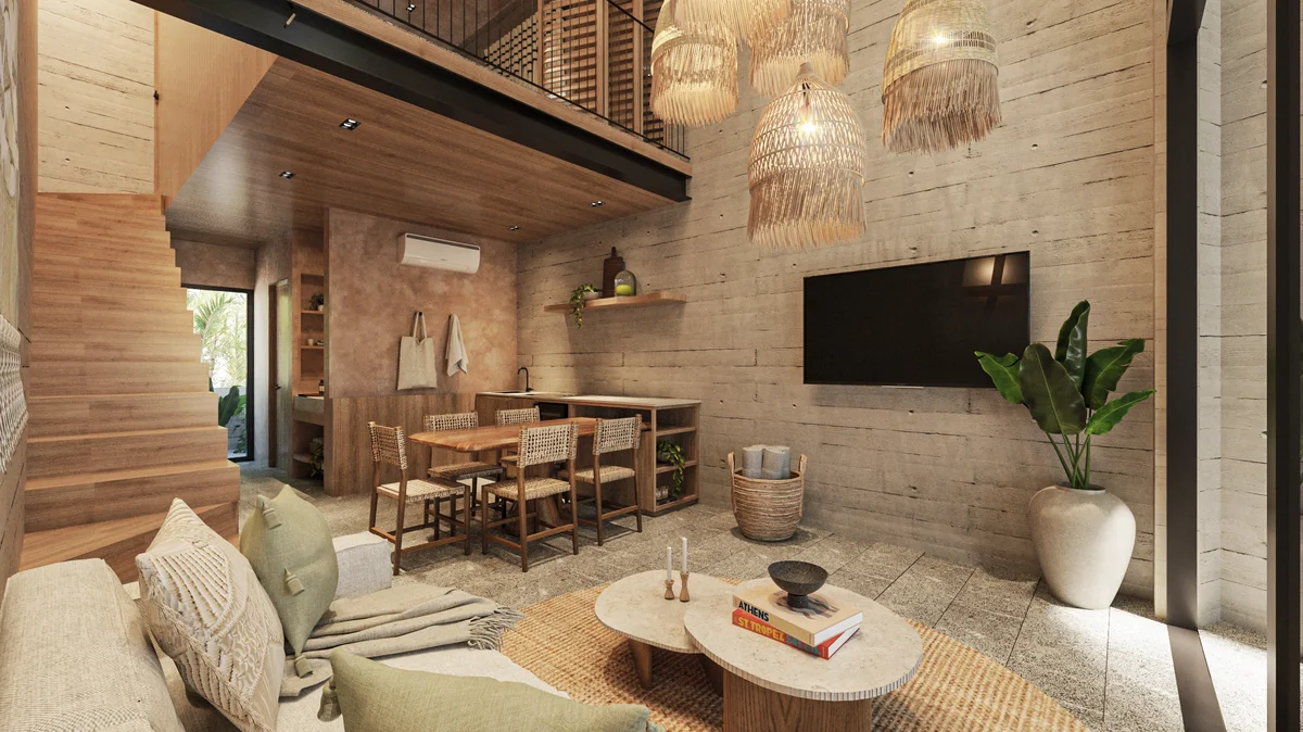 View of Open Concept Living at Maha Art, showcasing Loft Apartment, Modern Rustic Design.