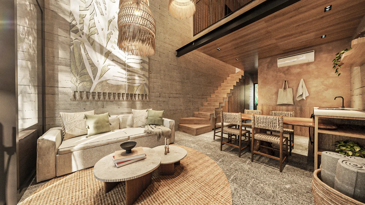 View of Open Concept Living at Maha Art, showcasing Loft Apartment, High Ceilings.