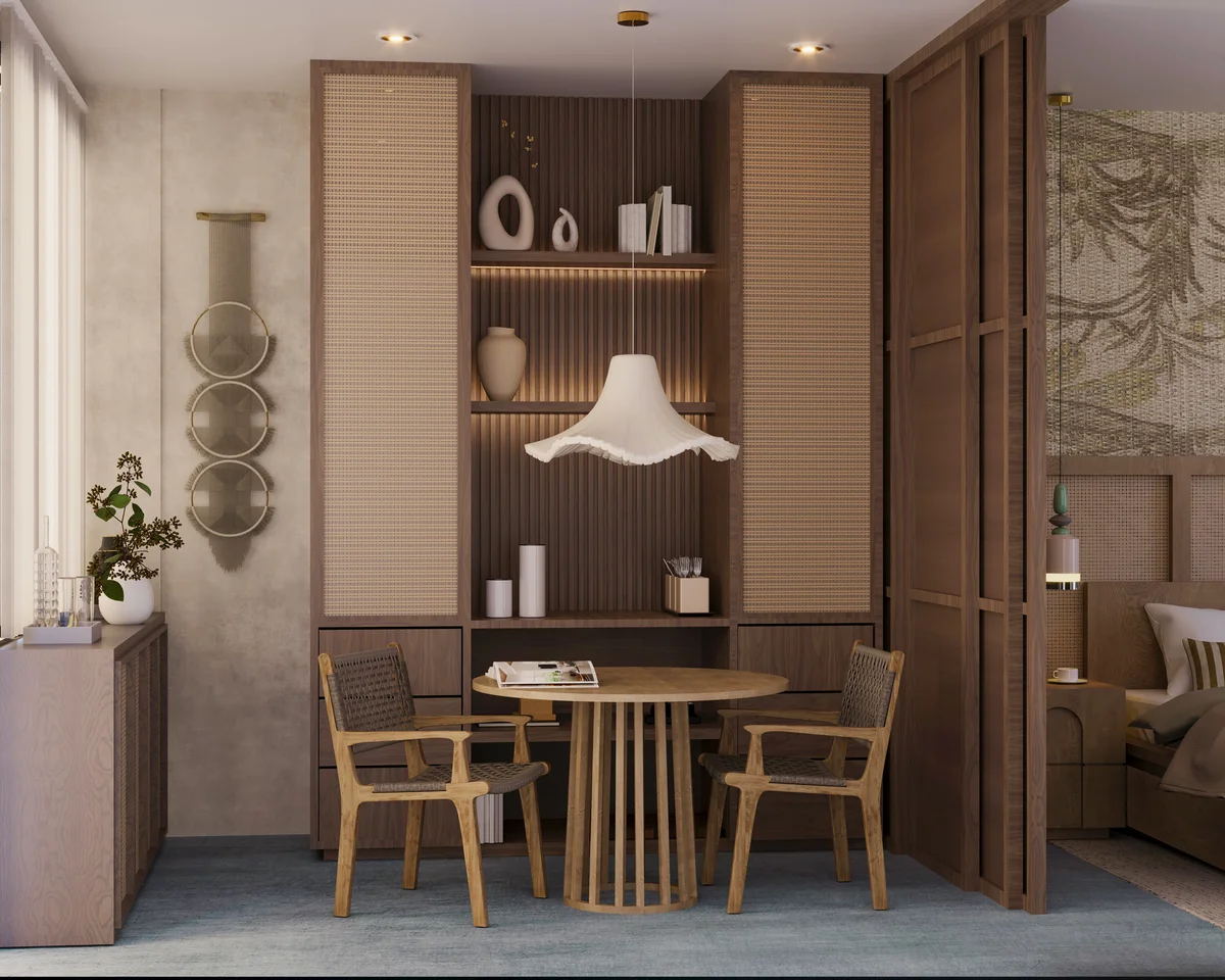 View of Japandi Style at Baay, showcasing Studio Apartment, Wood Cabinetry.