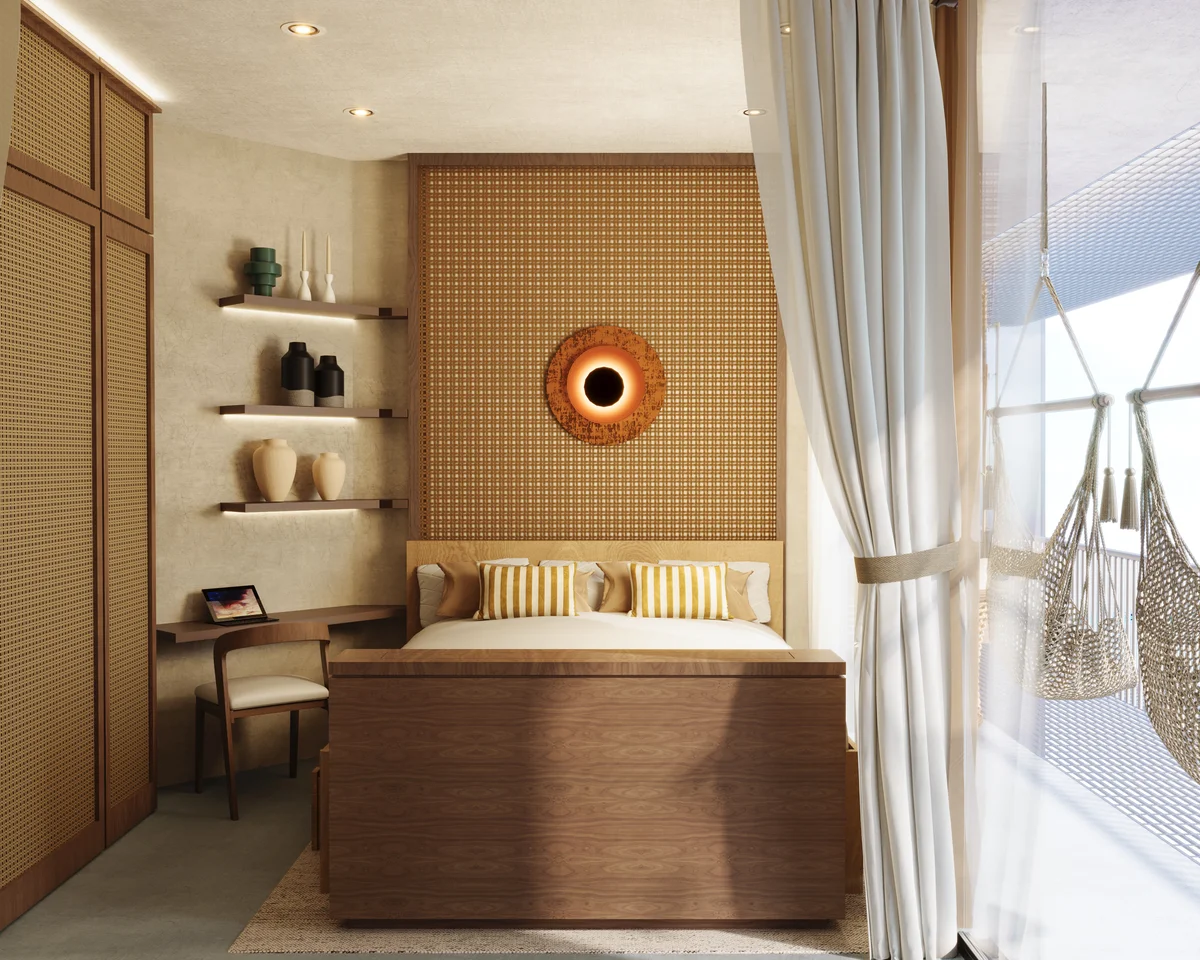 View of Modern Bedroom at Baay, showcasing Rattan Headboard, Wood Accents.