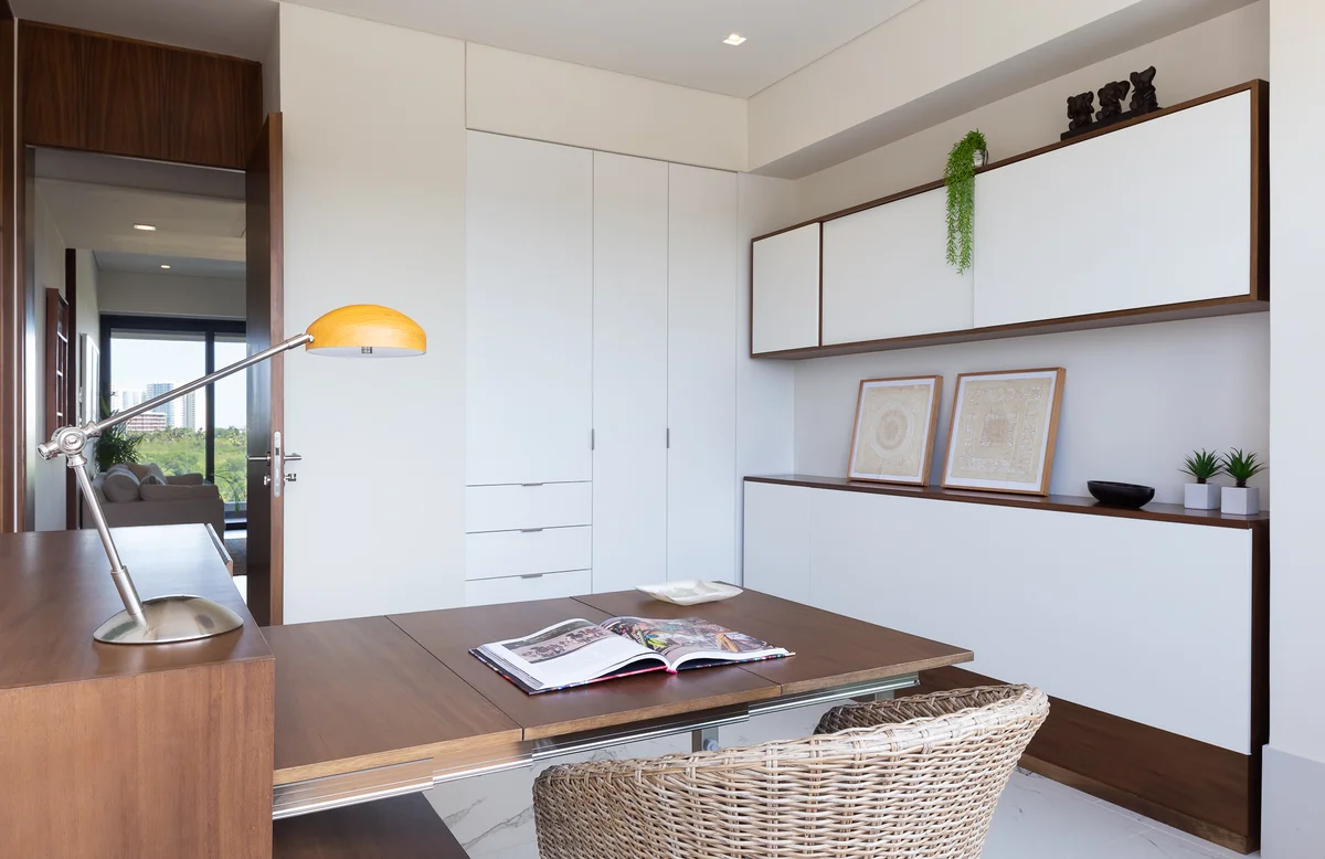 View of Home Office at Woha, showcasing Modern Study, Built-in Cabinetry.