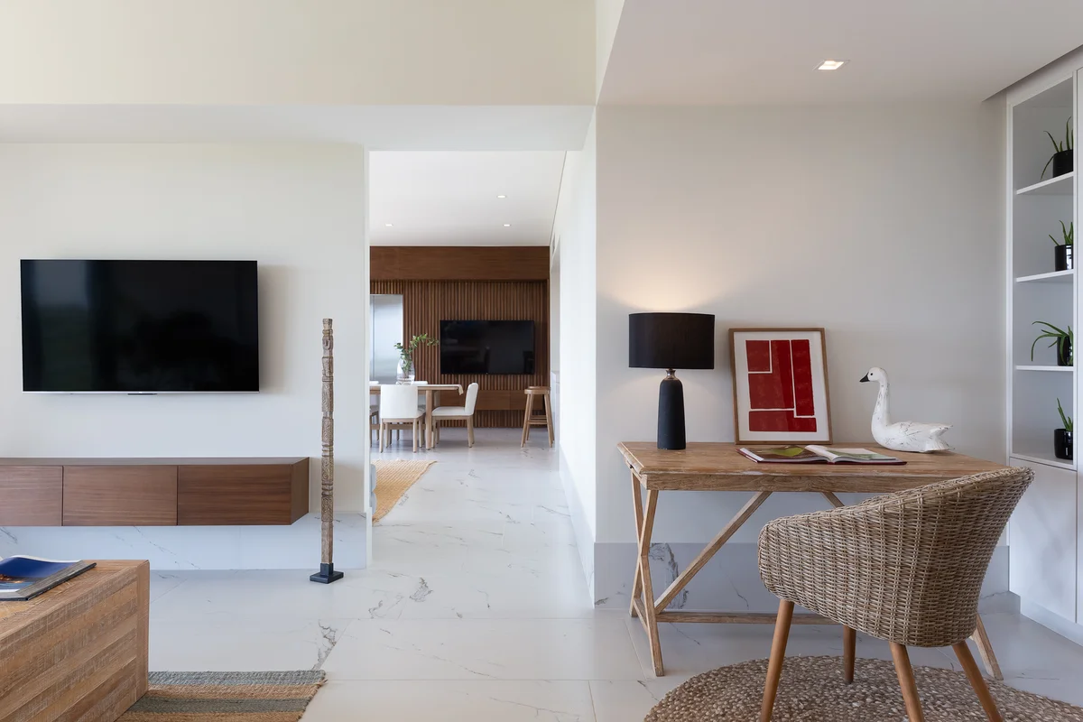 View of Modern Interior Design at Woha, showcasing Open Concept Living, Marble Tile Flooring.