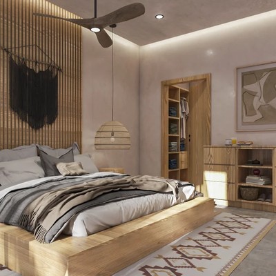 Image of a Modern Bedroom, featuring Wood Slat Accent Wall and Natural Wood Finishes.