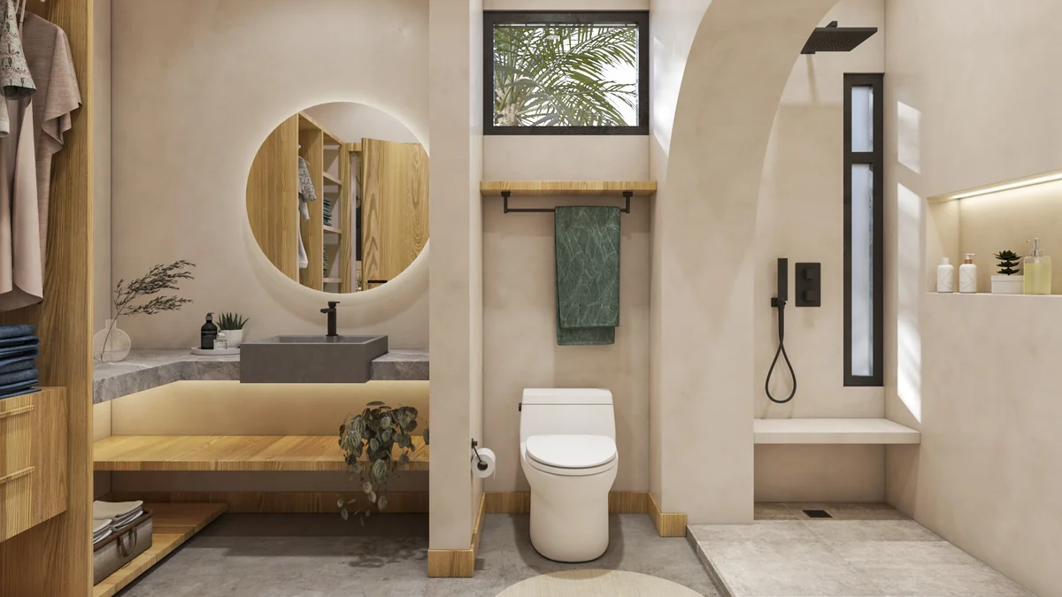 View of Modern Bathroom at Xiib Kaab, showcasing Walk-In Shower, Vessel Sink.