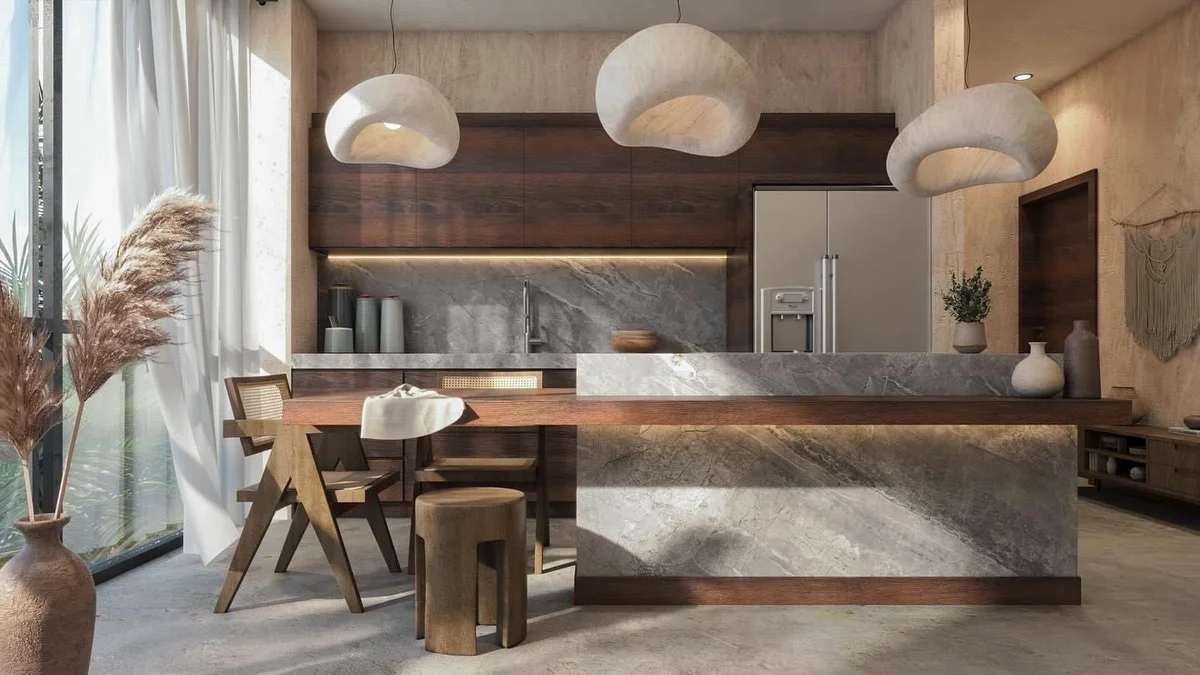 View of Modern Kitchen at Xiib Kaab, showcasing Marble Countertops, Wood Cabinetry.