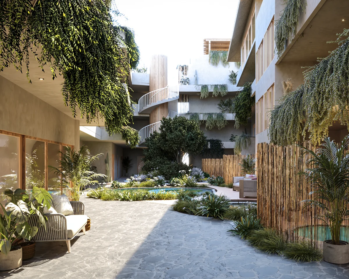 Image of Swimming Pool at Xiib Kaab, featuring Lush Courtyard, Resort-Style Pool.