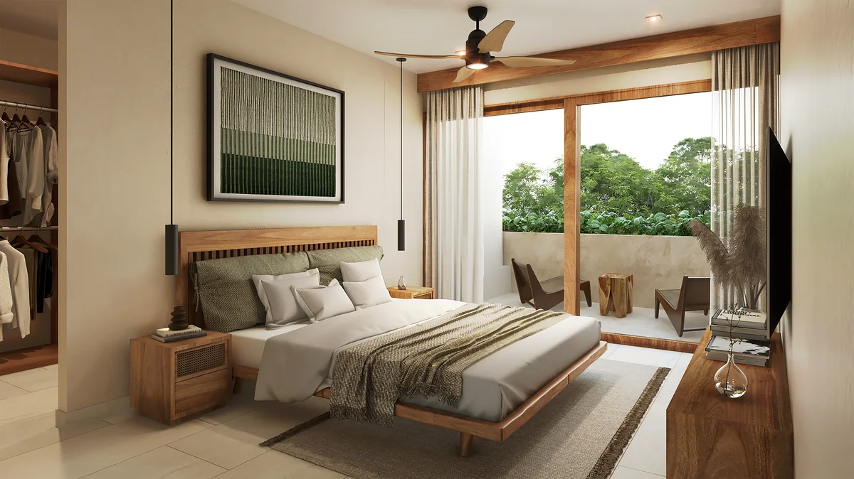 Image of Garden at Retiro Tulum-Townhouses, featuring Modern Bedroom, Private Balcony.