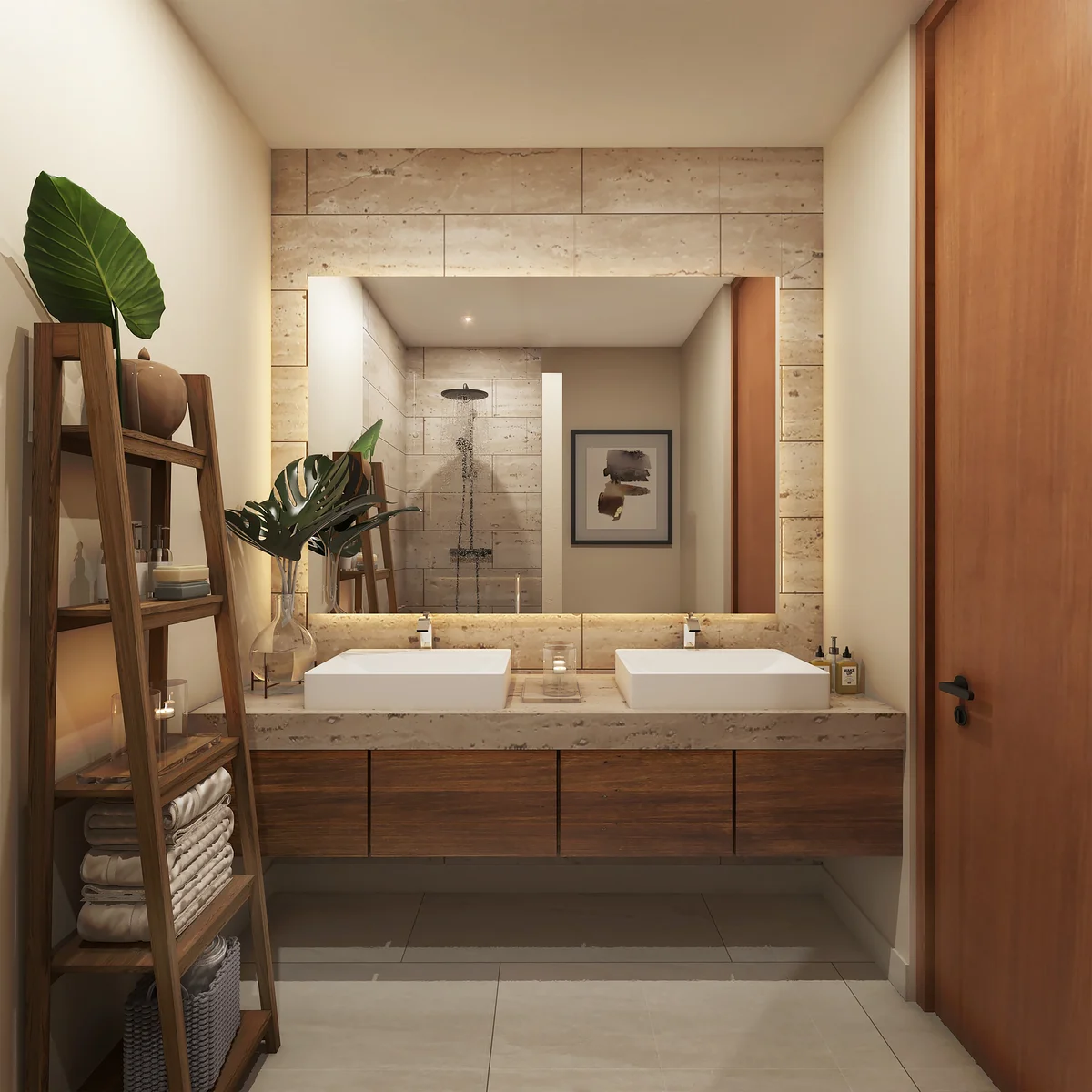 View of Modern Bathroom at Retiro Tulum-Townhouses, showcasing Double Vanity, Spa Bathroom.