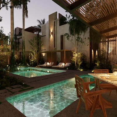 Image of a Resort-Style Pool, featuring Lush Garden and Outdoor Dining Area.