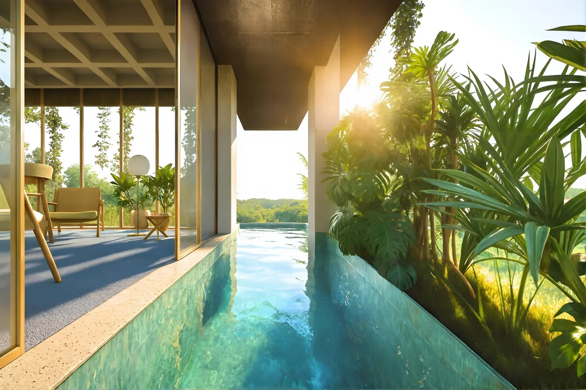 Image of Swimming Pool at Mirval by Pandora, featuring Private Pool, Indoor-Outdoor Living.