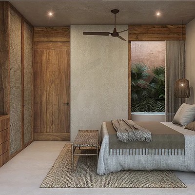 Image of a Master Bedroom, featuring Rustic Modern Design and Wood Accents.