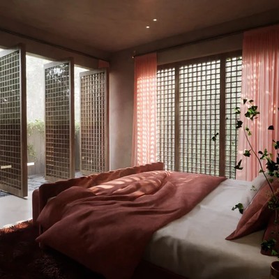 Image of a Master Bedroom, featuring Private Terrace Access and Lattice Panel Doors.