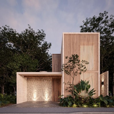 Image of a Modern Architecture, featuring Wood and Stone Exterior and Vertical Wood Cladding.