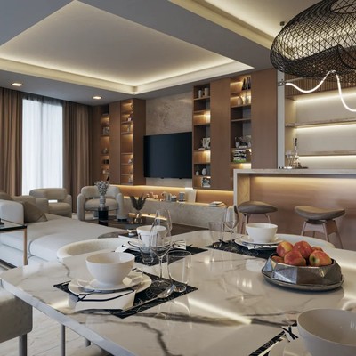 Image of a Open-Concept Living, featuring Home Bar and Marble Dining Table.