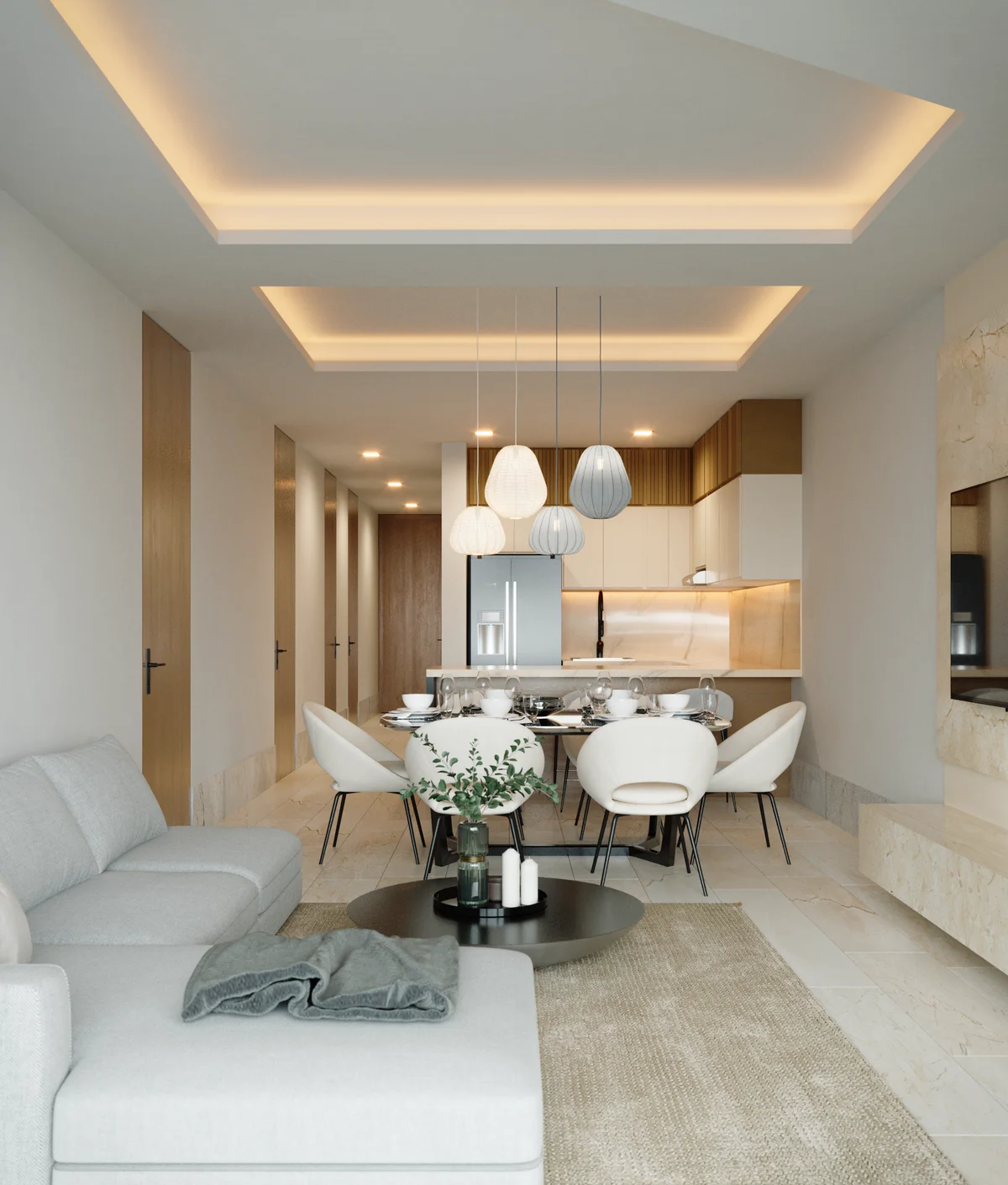 View of Open-Concept Living at Distrito Zen, showcasing Modern Dining Room, Contemporary Kitchen.