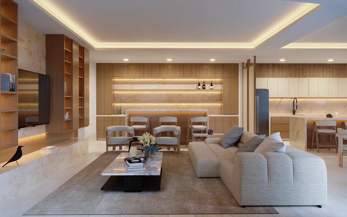 View of Open Concept Living at Distrito Zen, showcasing Modern Interior Design, Luxury Apartment.