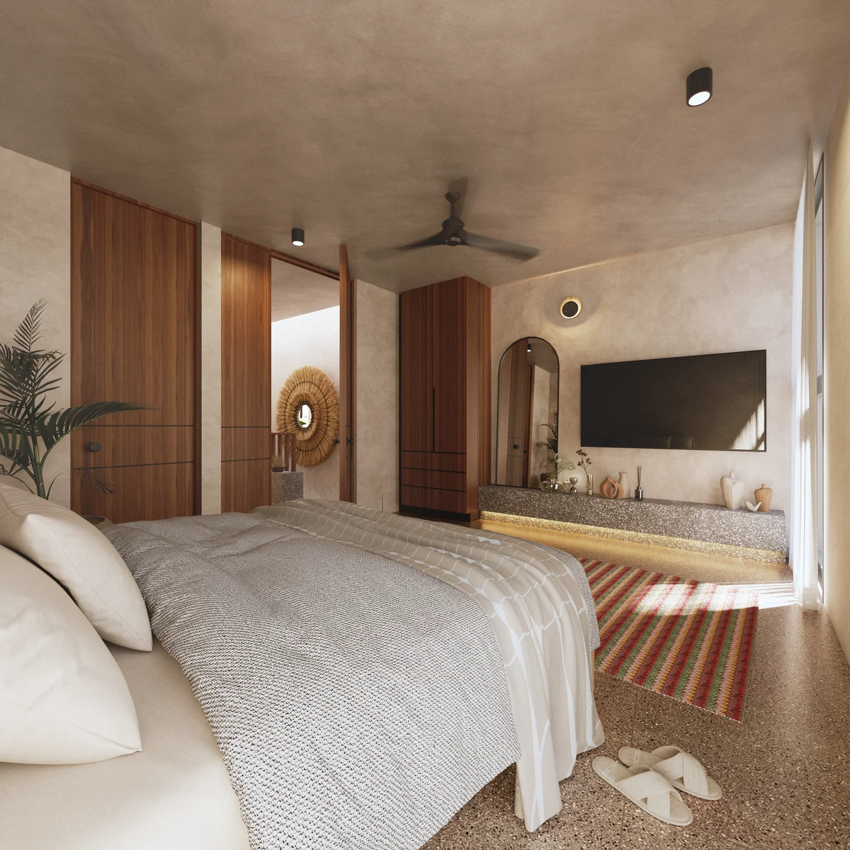 Image of a Modern Bedroom, featuring Terrazzo Flooring and Custom Wood Cabinetry.