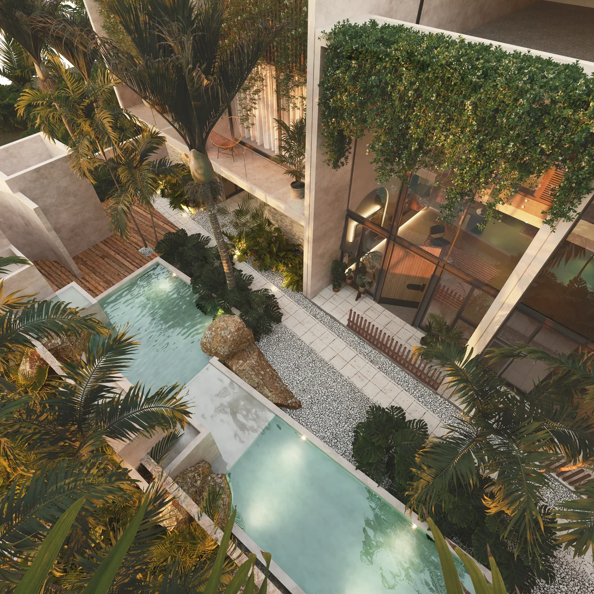 Image of a Lush Garden, featuring Swimming Pools and Modern Architecture.