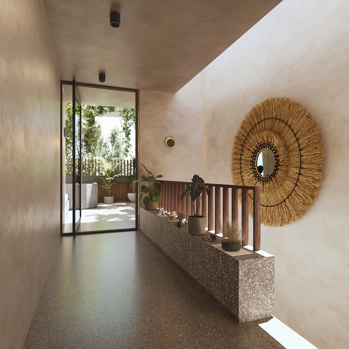 Image of a Terrazzo Flooring, featuring Private Balcony and Textured Plaster Walls.