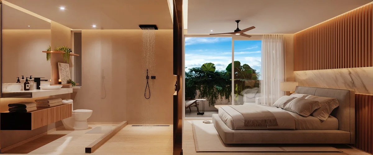 Image of a Bedroom Suite, featuring En-Suite Bathroom and Walk-In Rainfall Shower.